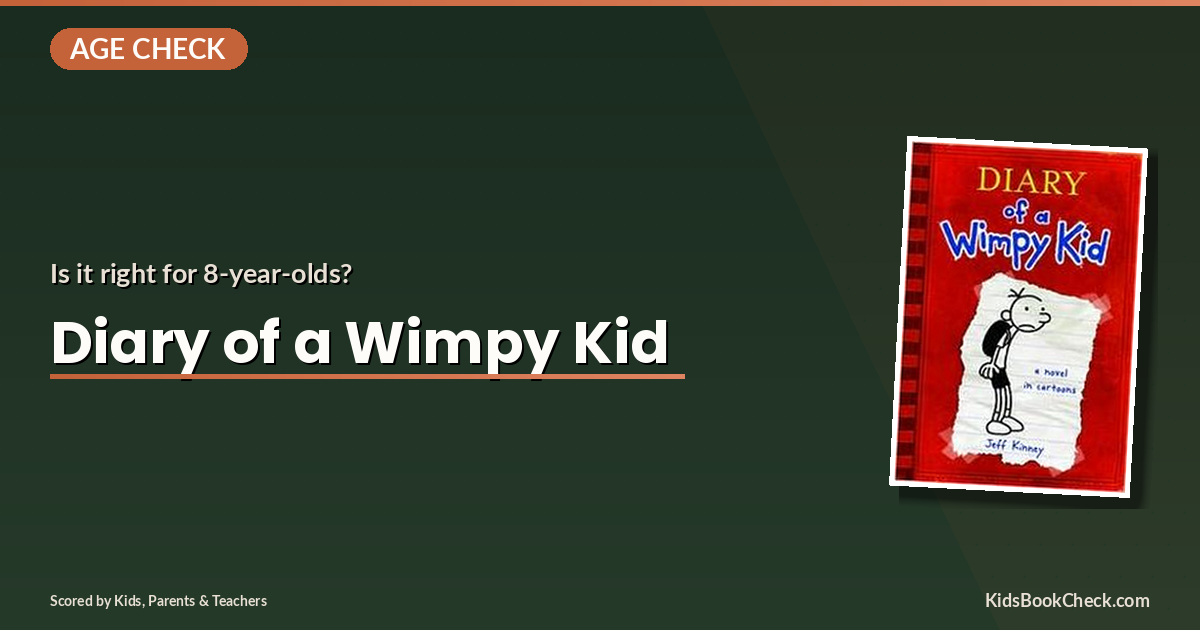 Book cover of Diary of a Wimpy Kid alongside illustrations of middle school students, with age recommendation badges